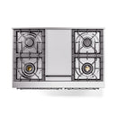 White dual-fuel gas range underside showing four burner grates and central panel