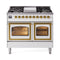 ILVE Nostalgie II Noblesse 40-Inch 4.3 Cu. Ft. Dual Oven Propane Gas Dual Fuel Range with 6 Burners, Griddle and Triple Glass Door in White with Brass Trim (UND40FNMPWHGLP)