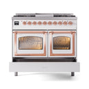 White ILVE dual fuel range with dual oven doors and copper trim; front view.