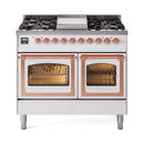 White ILVE dual fuel range with copper knobs and dual oven doors, shown closed.