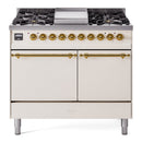 ILVE Nostalgie II 40 inch Propane Gas Dual Fuel Range with 6 Sealed Burners, Griddle with Triple Glass Door in Antique White with Brass Trim