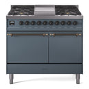 ILVE Nostalgie II 40 inch Propane Gas Dual Fuel Range with 6 Sealed Burners, Griddle with Triple Glass Door in Blue Grey with Burnished Trim