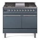 ILVE Nostalgie II 40 inch Propane Gas Dual Fuel Range with 6 Sealed Burners, Griddle with Triple Glass Door in Blue Grey with Chrome Trim