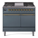 ILVE 40-Inch Nostalgie II Dual Fuel Range with 6 Burners, Griddle and Solid Door Oven in Blue Grey with Brass Trim (UPD40FQNMPBGG)