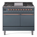 ILVE Nostalgie II 40 inch Propane Gas Dual Fuel Range with 6 Sealed Burners, Griddle with Triple Glass Door in Blue Grey with Copper Trim