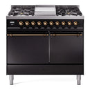 ILVE Nostalgie II 40 inch Propane Gas Dual Fuel Range with 6 Sealed Burners, Griddle with Triple Glass Door in Glossy Black with Burnished Trim