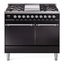 ILVE Nostalgie II 40 inch Propane Gas Dual Fuel Range with 6 Sealed Burners, Griddle with Triple Glass Door in Glossy Black with Chrome Trim
