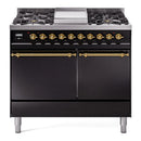 ILVE Nostalgie II 40 inch Propane Gas Dual Fuel Range with 6 Sealed Burners, Griddle with Triple Glass Door in Glossy Black with Brass Trim