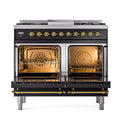 ILVE 40-Inch Nostalgie II Dual Fuel Range with 6 Burners, Griddle and Solid Door Oven in Glossy Black with Brass Trim (UPD40FQNMPBKG)