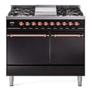 ILVE 40-Inch Nostalgie II Dual Fuel Range with 6 Burners, Griddle and Solid Door Oven in Glossy Black with Copper Trim (UPD40FQNMPBKP)