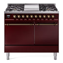 ILVE Nostalgie II 40 inch Propane Gas Dual Fuel Range with 6 Sealed Burners, Griddle with Triple Glass Door in Burgundy with Burnished Trim