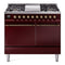 ILVE Nostalgie II 40 inch Propane Gas Dual Fuel Range with 6 Sealed Burners, Griddle with Triple Glass Door in Burgundy with Burnished Trim