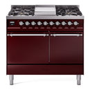 ILVE Nostalgie II 40 inch Propane Gas Dual Fuel Range with 6 Sealed Burners, Griddle with Triple Glass Door in Burgundy with Chrome Trim