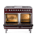 ILVE Nostalgie II 40 inch Propane Gas Dual Fuel Range with 6 Sealed Burners, Griddle with Triple Glass Door in Burgundy with Chrome Trim