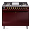 ILVE Nostalgie II 40 inch Propane Gas Dual Fuel Range with 6 Sealed Burners, Griddle with Triple Glass Door in Burgundy with Brass Trim