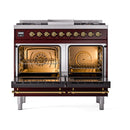 ILVE Nostalgie II 40 inch Propane Gas Dual Fuel Range with 6 Sealed Burners, Griddle with Triple Glass Door in Burgundy with Brass Trim