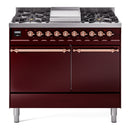 ILVE Nostalgie II 40 inch Propane Gas Dual Fuel Range with 6 Sealed Burners, Griddle with Triple Glass Door in Burgundy with Copper Trim