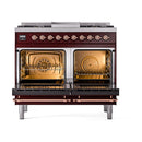 ILVE Nostalgie II 40 inch Propane Gas Dual Fuel Range with 6 Sealed Burners, Griddle with Triple Glass Door in Burgundy with Copper Trim
