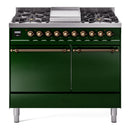 ILVE Nostalgie II 40 inch Propane Gas Dual Fuel Range with 6 Sealed Burners, Griddle with Triple Glass Door in Emerald Green with Burnished Trim