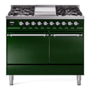 ILVE Nostalgie II 40 inch Propane Gas Dual Fuel Range with 6 Sealed Burners, Griddle with Triple Glass Door in Emerald Green with Chrome Trim