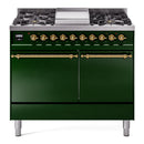 ILVE 40-Inch Nostalgie II Dual Fuel Range with 6 Burners, Griddle and Solid Door Oven in Emerald Green with Brass Trim (UPD40FQNMPEGG)