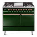 ILVE Nostalgie II 40 inch Propane Gas Dual Fuel Range with 6 Sealed Burners, Griddle with Triple Glass Door in Emerald Green with Copper Trim