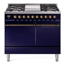 ILVE Nostalgie II 40 inch Propane Gas Dual Fuel Range with 6 Sealed Burners, Griddle with Triple Glass Door in Midnight Blue with Burnished Trim