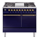 ILVE 40-Inch Nostalgie II Dual Fuel Range with 6 Burners, Griddle and Solid Door Oven in Midnight Blue with Brass Trim (UPD40FQNMPMBG)