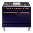 ILVE 40-Inch Nostalgie II Dual Fuel Range with 6 Burners, Griddle and Solid Door Oven in Midnight Blue with Copper Trim (UPD40FQNMPMBP)