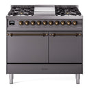 ILVE Nostalgie II 40 inch Propane Gas Dual Fuel Range with 6 Sealed Burners, Griddle with Triple Glass Door in Graphite Matte with Burnished Trim