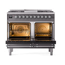 ILVE Nostalgie II 40 inch Propane Gas Dual Fuel Range with 6 Sealed Burners, Griddle with Triple Glass Door in Graphite Matte with Chrome Trim