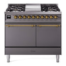 ILVE Nostalgie II 40 inch Propane Gas Dual Fuel Range with 6 Sealed Burners, Griddle with Triple Glass Door in Graphite Matte with Brass Trim