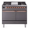 ILVE 40-Inch Nostalgie II Dual Fuel Range with 6 Burners, Griddle and Solid Door Oven in Matte Graphite with Copper Trim (UPD40FQNMPMGP)