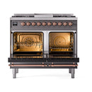 ILVE 40-Inch Nostalgie II Dual Fuel Range with 6 Burners, Griddle and Solid Door Oven in Matte Graphite with Copper Trim (UPD40FQNMPMGP)