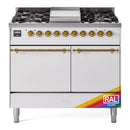 ILVE Nostalgie II 40 inch Propane Gas Dual Fuel Range with 6 Sealed Burners, Griddle with Triple Glass Door in RAL with Brass Trim