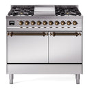 ILVE Nostalgie II 40 inch Propane Gas Dual Fuel Range with 6 Sealed Burners, Griddle with Triple Glass Door in Stainless Steel with Burnished Trim