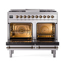 ILVE Nostalgie II 40 inch Propane Gas Dual Fuel Range with 6 Sealed Burners, Griddle with Triple Glass Door in Stainless Steel with Burnished Trim
