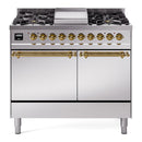 ILVE Nostalgie II 40 inch Propane Gas Dual Fuel Range with 6 Sealed Burners, Griddle with Triple Glass Door in Stainless Steel with Brass Trim