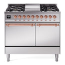 ILVE Nostalgie II 40 inch Propane Gas Dual Fuel Range with 6 Sealed Burners, Griddle with Triple Glass Door in Stainless Steel with Copper Trim