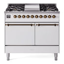 ILVE 40-Inch Nostalgie II Dual Fuel Range with 6 Burners, Griddle and Solid Door Oven in White with Bronze Trim (UPD40FQNMPWHB)