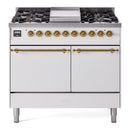 ILVE Nostalgie II 40 inch Propane Gas Dual Fuel Range with 6 Sealed Burners, Griddle with Triple Glass Door in White with Brass Trim
