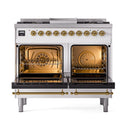 ILVE 40-Inch Nostalgie II Dual Fuel Range with 6 Burners, Griddle and Solid Door Oven in White with Brass Trim (UPD40FQNMPWHG)