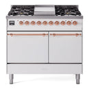 ILVE Nostalgie II 40 inch Propane Gas Dual Fuel Range with 6 Sealed Burners, Griddle with Triple Glass Door in White with Copper Trim