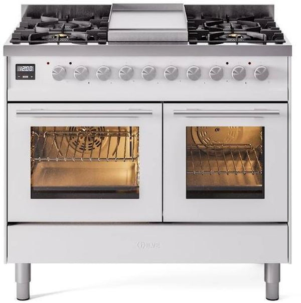 ILVE Professional Plus II 40-Inch Freestanding Dual Fuel Range with 6 Sealed Burner and Removable Griddle in White (UPD40FWMPWH)