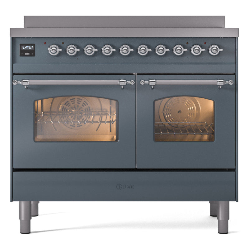 ILVE Nostalgie II 40-Inch Freestanding Electric Induction Range in Blue Grey with Chrome Trim (UPDI406NMPBGC)