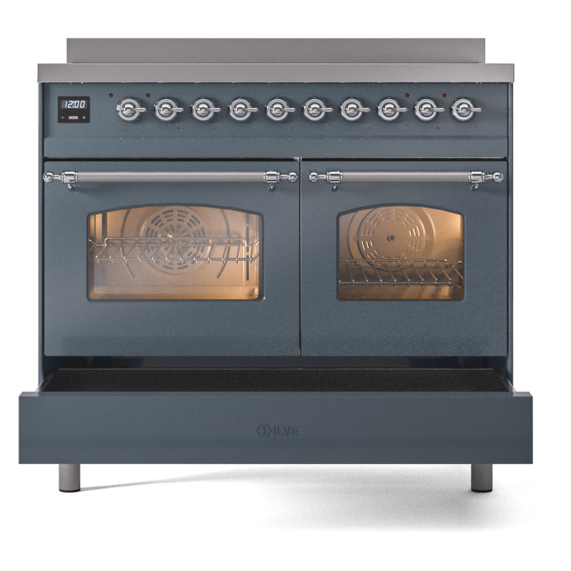 ILVE Nostalgie II 40-Inch Freestanding Electric Induction Range in Blue Grey with Chrome Trim (UPDI406NMPBGC)