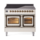 Antique white induction range with bronze-trim double doors and visible oven racks