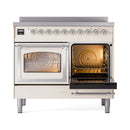 Induction range with left and right oven doors open, showing golden interior lighting