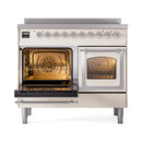 Nostalgie II induction range with triple glass doors, antique white with chrome trim
