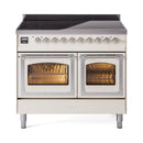 Antique white induction range front with two open oven doors and baking racks